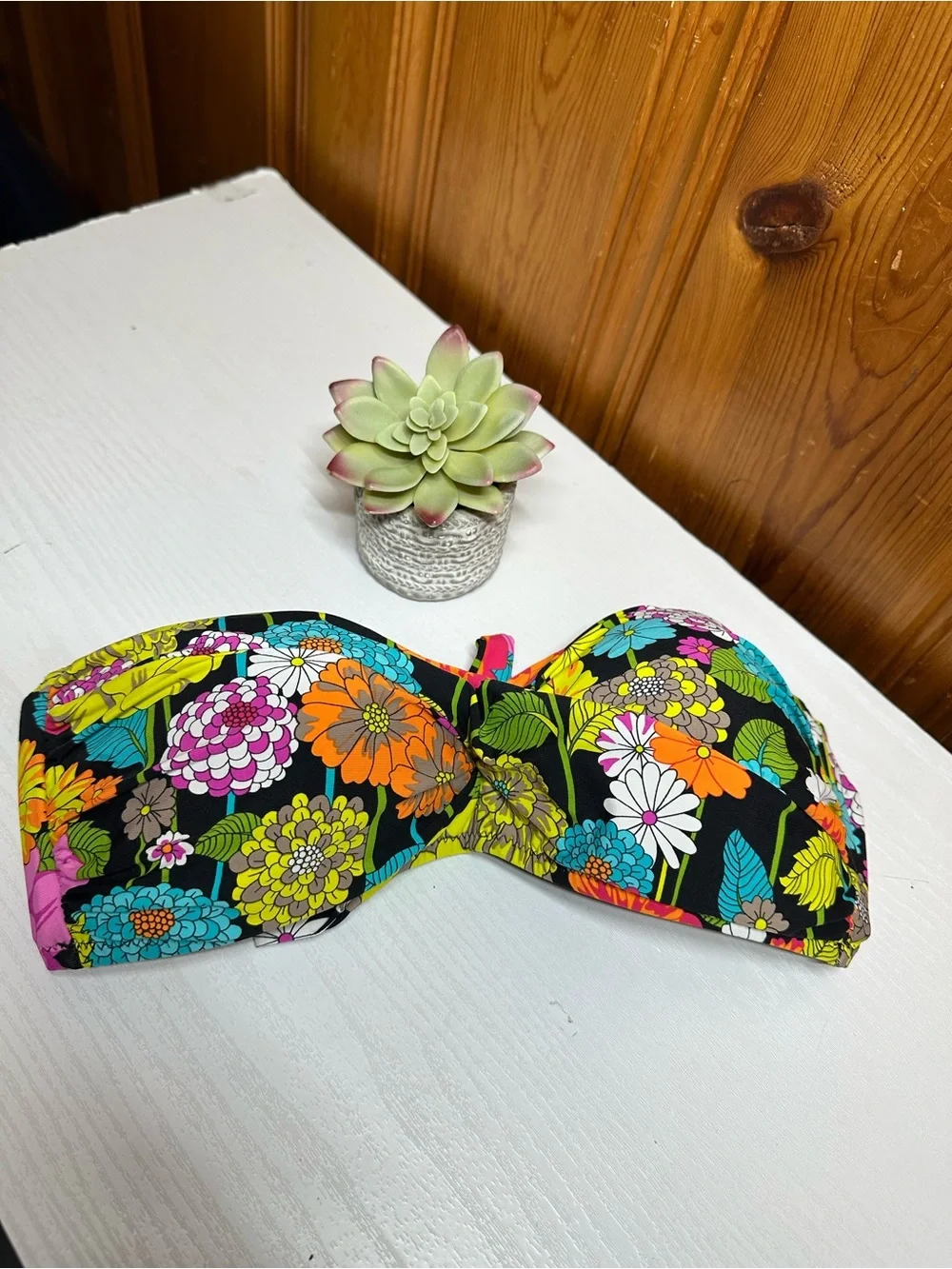 Trina Turk Black Floral Bandeau Swim Top with Multicolor Blooms
